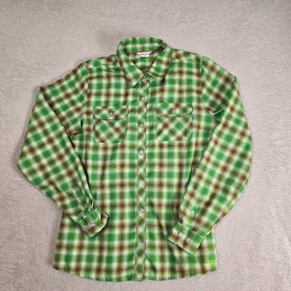 Marmot Green Button Up Shirt Mens Size Medium Plaid Cotton Casual Flap Pockets